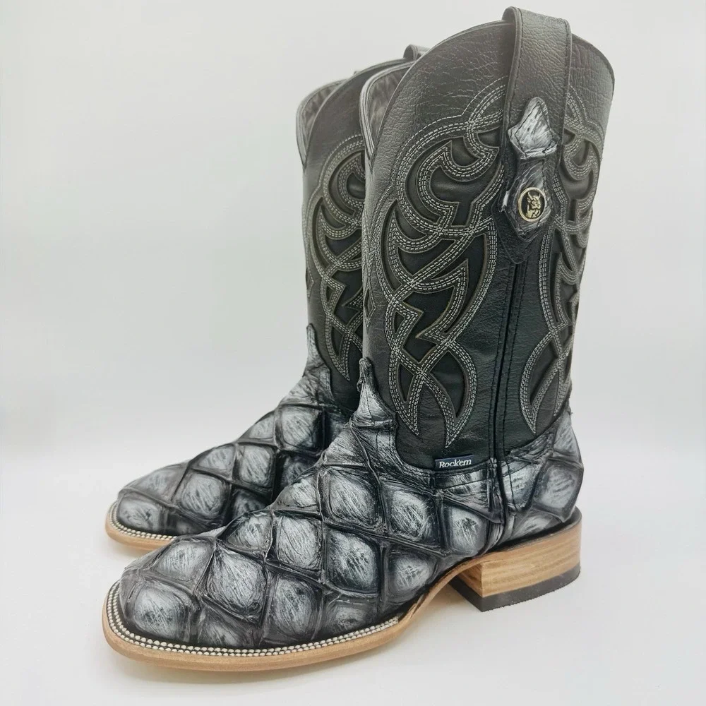 Rock'em Big Bass Print Boots Men's Size 7.5 EE‎ Black Leather  Square Toe